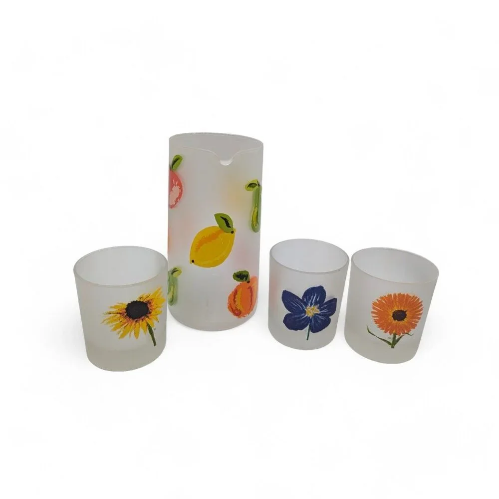 Dartington Spring Time Flowers Frosted Rocks Glass Pitcher & 3 Cups France